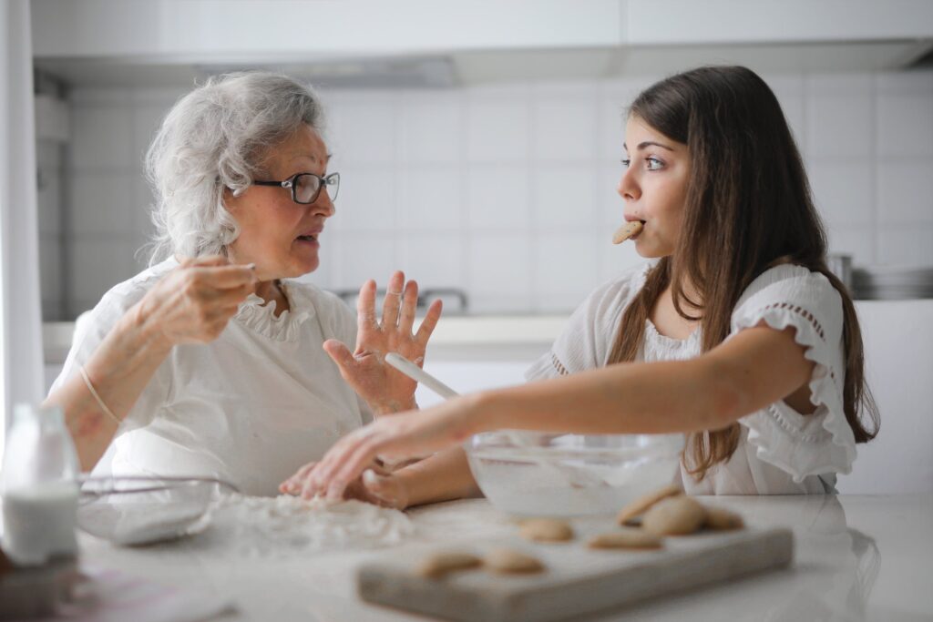 women talking and baking
